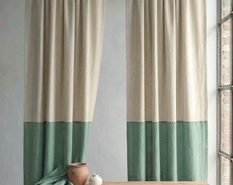 Cortinas europeas de lino con bloques de color, paneles de lino natural, cubiertas para ventanas a medida.