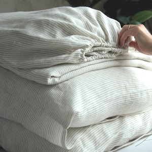 Striped Linen Sheet Set – Washed Flax Bedding, Fitted & Flat Sheet with Pillowcases, Natural Linen, Queen King Twin Sizes