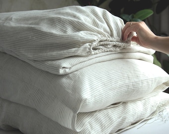 Striped Linen Sheet Set – Washed Flax Bedding, OEKO-TEX Certified, Fitted & Flat Sheet  – Custom Queen/King/Twin/Sizes
