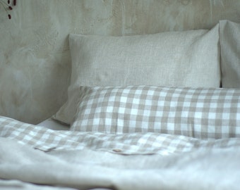 Komplet poszewek na kołdrę z lnu w kratkę gingham – naturalna pościel z lnu w kratkę, organiczna len w stylu farmhouse, spersonalizowana poszewka na kołdrę z lnu, rozmiar queen, king, twin