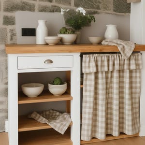 Checkered Linen Cabinet Curtains – Beige Gingham Sink Skirt – Farmhouse Kitchen Hideaway Cover for Small Storage, Shelves & Utility Spaces