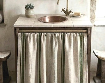 Tenda a righe in lino per mobiletto del lavabo del bagno – Copertura per ripiano in lino su misura – Tenda con passante per asta a scomparsa