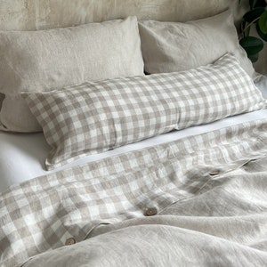 Rustic Linen Lumbar Pillow Cover – Gingham Body Pillowcase in Natural Flax for Sofa or Bed