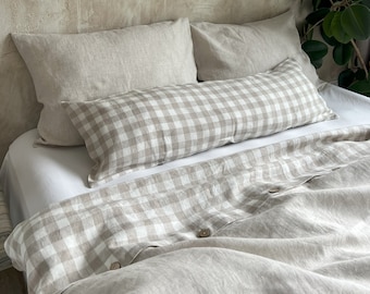 Rustic Linen Lumbar Pillow Cover – Gingham Body Pillowcase in Natural Flax for Sofa or Bed