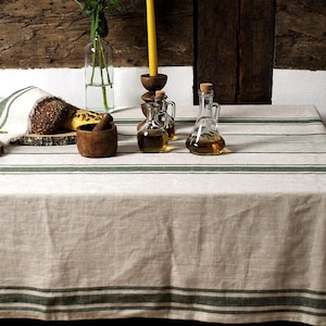 Country Style Linen Tablecloth – Striped Natural Linen Table Cover, Custom Size Rustic Dining Linen for Cottage Homes