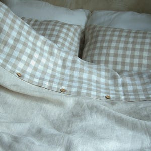 Gingham Linen Bedding Set – Natural Checkered Duvet Cover with Coconut Buttons, Farmhouse Cottagecore Linen Bedding Queen King Twin