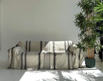 Striped Linen Couch Cover, Natural Black Stripe Sofa Slipcover, Washable Furniture Protector, Organic Linen Blanket Throw