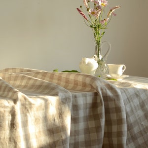 Checkered Linen Tablecloth – Farmhouse Table Linen – Natural Beige Table Cover – Rustic Dining Table Decor – Custom Gingham Linen Tablecloth