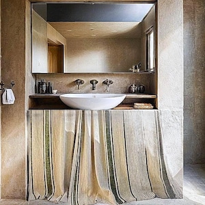 Hideaway Linen Shelf Curtain for Bathroom or Kitchen – Custom Sink Linen Cabinet Curtains – French Style Rod Pocket Curtain