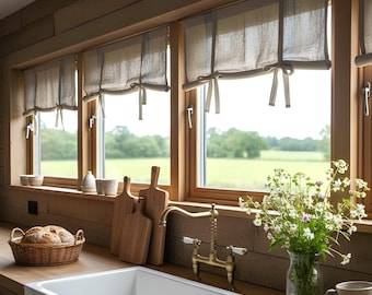 Linen Tie Up Curtain with Blue Stripes – Heavy Linen Blinds, Country Style Window Shade