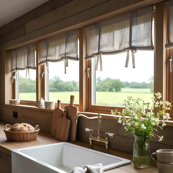 Linen Tie Up Curtain with Blue Stripes – Heavy Linen Blinds, Country Style Window Shade
