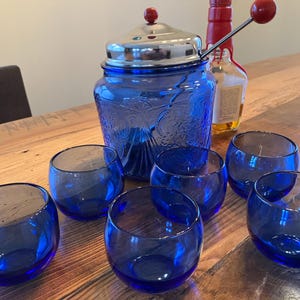 Hazel Atlas Cobalt Blue Royal Lace Depression Glass Hot Toddy or Cider Set w/ Metal Lid & Ladle and 6 Roly-Poly Glasses