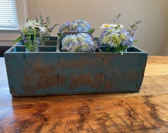 Vintage Distressed Blue Wooden Organizer with Handle – Rustic Farmhouse Storage Crate - Teal Chippy Tote