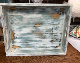 Large Chippy Painted Wood Tray - Rustic Coastal Vibe