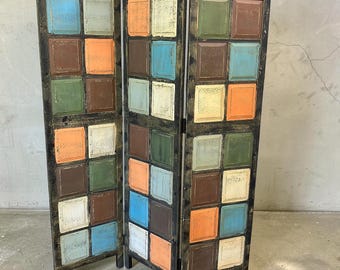 Vintage Wood Room Divider Screen – Distressed Color‑Block Panels – Rustic Boho Folding Partition