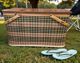 Vintage Plaid Picnic Basket with Inside Shelf, Metal Handles and a Wooden Lid