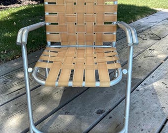 Vintage 1960s Woven Webbed Aluminum Lawn Chair – Mid Century Patio Seating