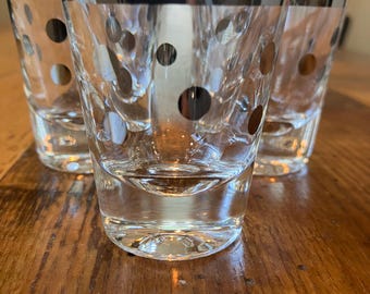 Set of 5 - Dorothy Thorpe Polka Dot Shot Glasses – Mid‑Century Silver Band Barware