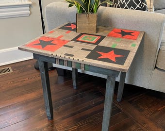 Hand‑Painted Geometric Folk Art Side Table – Rustic Country Accent Furniture