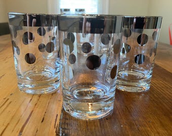 Set of 6 - Dorothy Thorpe Polka Dot Glasses – Mid‑Century Silver Band Barware