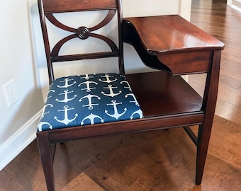 Vintage Telephone Chair – Mid‑Century Gossip Bench with Anchor Upholstery & Side Table