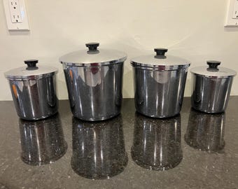 Vintage Everedy Silver Metal Kitchen Canisters - Set of Four - Flour - Sugar - Coffee - Tea