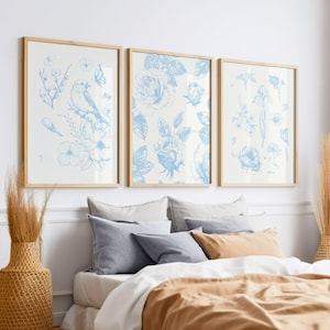 Blue Chinoiserie Botanical Wall Art Set of 3, Vintage Floral Prints, Printable Blue and White Wall Decor for Bathroom or Living Room