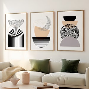 Boho Wall Art Set of 3 Printable Neutral Abstract Prints, Mid Century Modern Wall Art, Minimalist Digital Download, Housewarming Gift