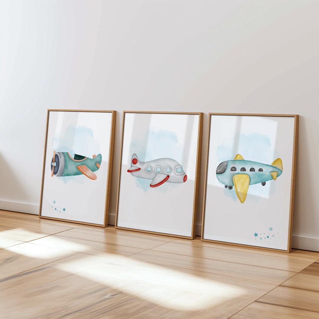 Vintage Airplane Nursery Prints Set of 3 – Retro Plane Wall Art, Boys ...