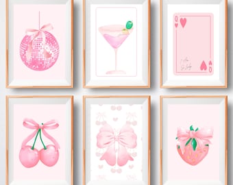 Coquette Wall Art Prints, Trendy Pink Bows Art, Printable Wall Art, Set of 6 prints, Preppy Print, Digital Download