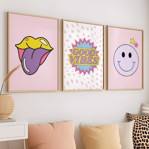 Trendy Girls Printable Wall Art, Retro Colourful Girls Room Wall Art Set of 3, Gift for Teen Tween Girl, Dorm Decor, Instant Download