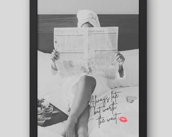 Póster de chica leyendo el periódico, impresión de periódico de moda, arte en blanco y negro, arte mural imprimible de moda, decoración moderna para dormitorio femenino, regalo para ella