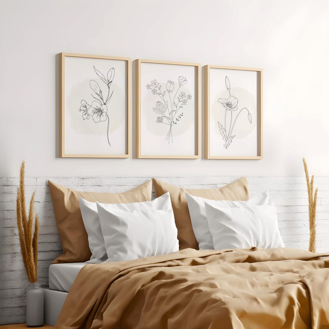 Minimalist Flower Line Art Prints, Set of 3, Boho Home Decor (digital ...