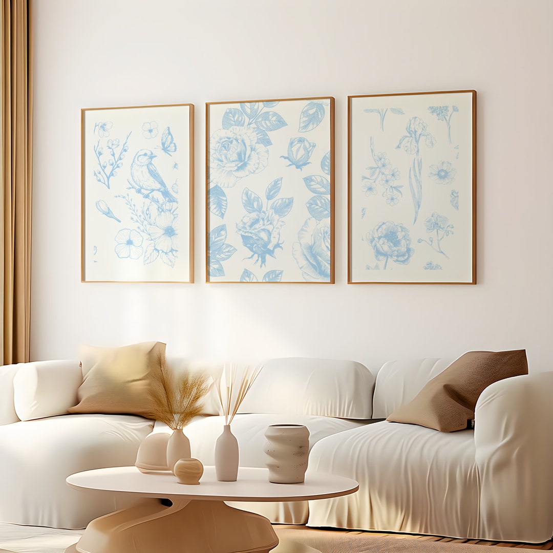Blue Chinoiserie Floral Print Set, Vintage Botanical Wall Art (digital ...
