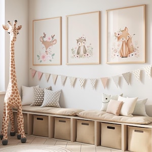 Woodland kinderkamer prints set van 3, bos dieren kunst aan de muur voor babykamer decor, neutrale bosdieren afdrukbare kinderkamer poster, download