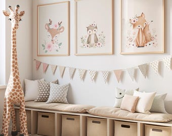 Waldtiere Poster Set von 3, Waldtiere Wand Kunst für Baby Zimmer Dekor, neutrale Waldtiere Kinderzimmer Poster zum ausdrucken, Download