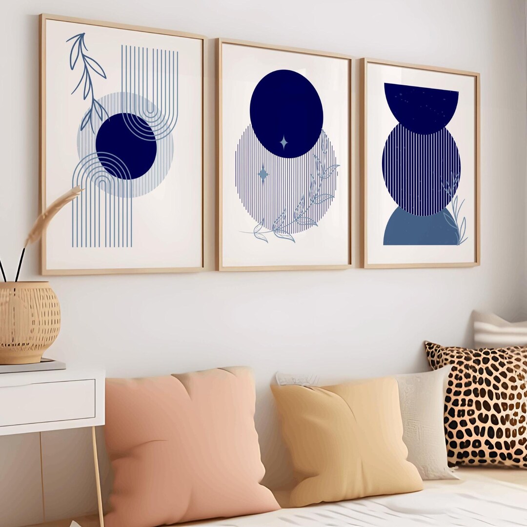 Navy Blue Wall Art Set of 3, Modern Mid Century, Blue Abstract Art ...
