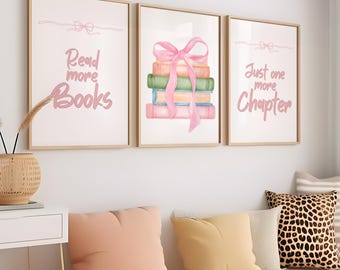 Read More Books Wall Art, Just One More Chapter Print, Pink Coquette Bows, Book Lover Digital Download