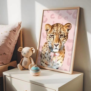 Pink Cheetah Wall Art, Jungle Animal Nursery Decor Wall Art Print, Safari Nursery Decor, Pink Bow Wall Art, Leopard Poster, Instant Download