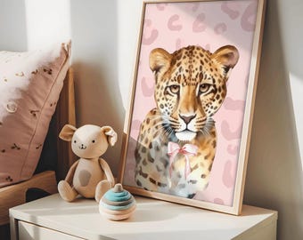 Pink Cheetah Wall Art, Jungle Animal Nursery Decor Wall Art Print, Safari Nursery Decor, Pink Bow Wall Art, Leopard Poster, Instant Download