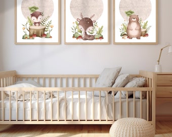 Juego de 3 impresiones de animales del bosque, arte de pared imprimible para guardería, decoración de bosque, animales del bosque, decoración de guardería, habitación de bebé neutra, estilo bohemio, estilo bosque