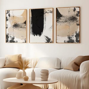 Modern Neutral Abstract Gallery Wall Art, Neutral Beige Black Printable Wall Art, Modern Abstract Art, Set of 3, Digital Download