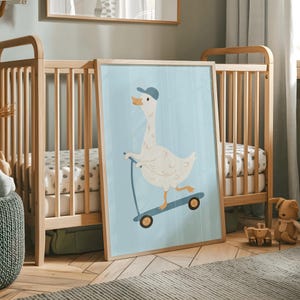 Cute minimalist printable wall art of a goose riding a scooter, wearing a blue cap. Aesthetic modern wall art with a playful animal theme, perfect for kids' rooms, nurseries, or whimsical home decor.