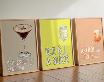 Cocktailväggkonst set med 3, utskrivbar barvagnsdekor, kök och hembargallerikonst, omedelbar digital nedladdning
