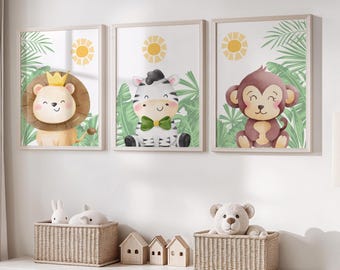 Safari Set of 3 Nursery Prints, Safari Animals Nursery Decor, Printable Wall Art, Baby Animal Prints, Digital Wall Prints, Nursery Art