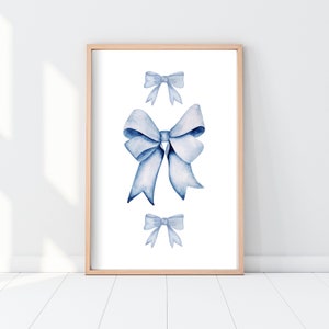 Blue Bow Wall Art Printable, Preppy Digital Download Poster, Trendy Blue Bows Wall Decor, Girly Dorm Room Art, Cute Bedroom Print