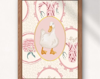 Lámina de pared para habitación de bebé con diseño de pato, decoración de habitación infantil estilo cottagecore, lámina rosa Grandmillennial, decoración floral estilo granja para bebé, descarga digital