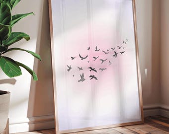 Impresión de bandada de pájaros, arte de pared imprimible de pájaros en vuelo, decoración bohemia minimalista, impresión de aura rosa, arte de silueta, regalo de inauguración de la casa