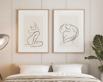 Vrouw lijntekening print, moderne kunst aan de muur één lijntekening, vrouwelijke print, galerij muur set van 2, afdrukbare muurkunst, housewarming cadeau