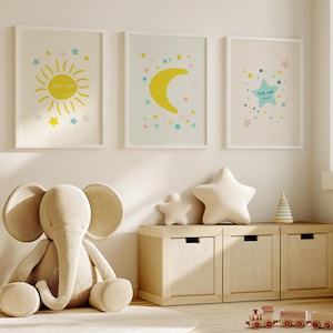 Celestial Nursery Decor, Sun, Moon & Stars Prints, Nursery Wall Art, Set of 3 prints, Unisex Art, Digital Download, Printable Wall Art